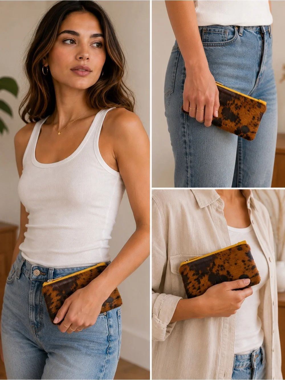 Handmade Genuine Cowhide Hair-On-Hide Leather Wristlet Pouch Clutch